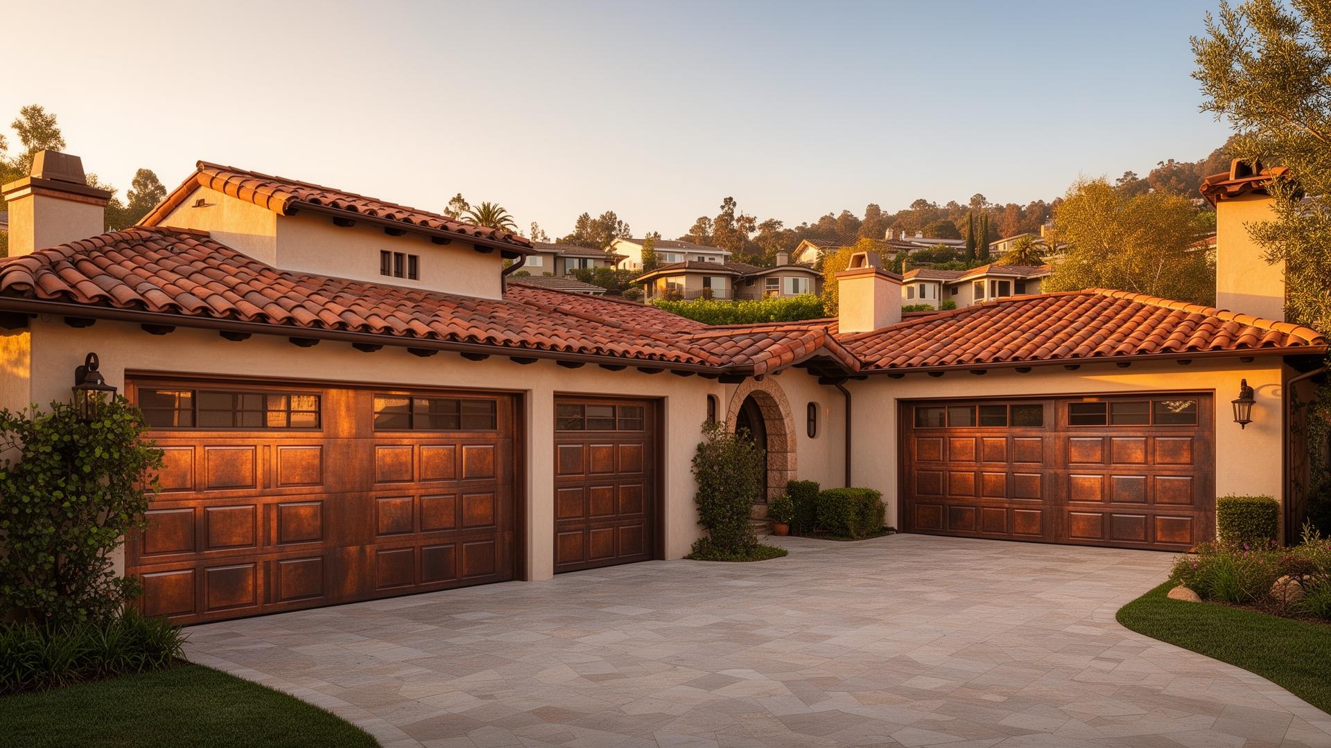 Beautiful Spanish revival home with luxury copper-clad garage doors in West Boylston MA