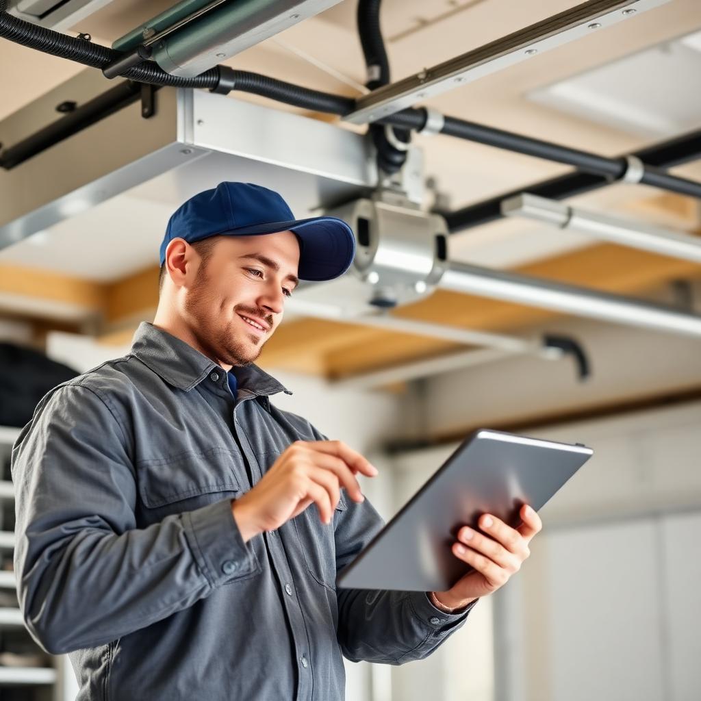Professional garage door technician performing digital inspection in West Boylston MA